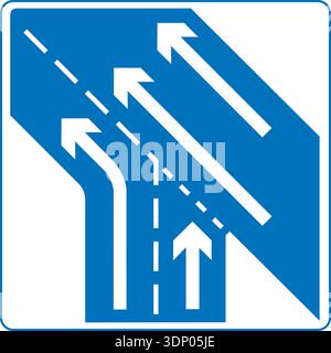 Vector graphic of a uk give way to traffic on the motorway road sign. It consists of a schematic of the junction within a blue square Stock Vector