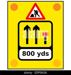 Vector graphic of a rectangular yellow sign warning of signs used on the back of slow-moving or stationary vehicles warning of a lane closed ahead by Stock Vector