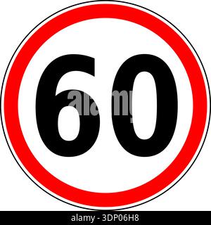 Vector graphic of a uk 60 miles per hour speed limit road sign. It consists of a large number contained within a red circle Stock Vector