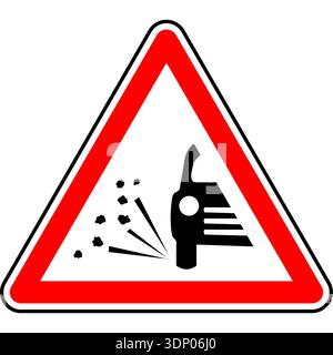 Red and black vector graphic of a loose chippings sign. The sign consists of a red warning triangle with the silhouette of a car throwing up gravel ch Stock Vector