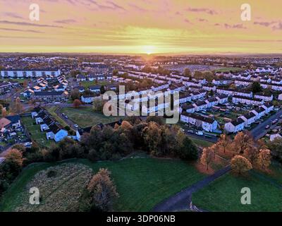 Aerial sunrise view over residential housing estate in Barlanark, Glasgow, Scotland, United Kingdom Stock Photo