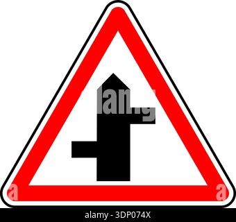Vector graphic of a uk staggered junction ahead road sign. It consists of a depiction of the road layout contained within a red triangle Stock Vector