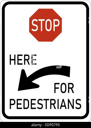 Vector graphic of a usa Stop for pedestrians highway sign. It consists of the wording Stop here for pedestrians, an octagonal stop sign and an arrow a Stock Vector