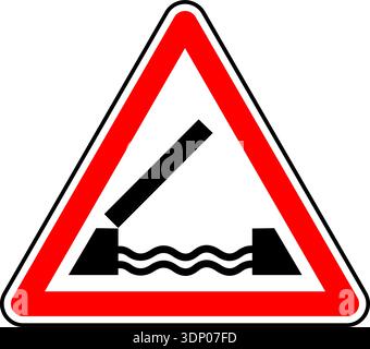 Vector graphic of a uk swing bridge road sign. It consists of a depiction of an open bridge positioned above water contained within a red triangle Stock Vector