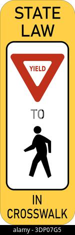 Vector graphic of a usa Yield to Pedestrians on Crosswalk highway sign. It consists of A triangular yield sign and a silhouette of a pedestrian in a w Stock Vector