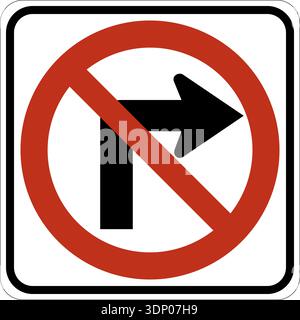 Vector graphic of a usa no right turn highway sign. It consists of a red circle with a red diagonal bar obscuring an arrow with a right pointing, righ Stock Vector