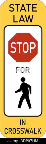 Vector graphic of a usa Stop for Pedestrians on Crosswalk highway sign. It consists of an octagonal stop sign and the silhouettes of a pedestrian in a Stock Vector