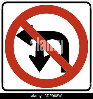 Vector graphic of a usa No U or Left Turn highway sign. It consists of a red circle with a red diagonal bar obscuring a left pointing, and a U turn ar Stock Vector