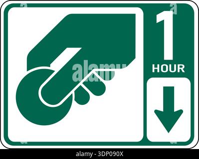Vector graphic of a green usa Parking Fee Station MUTCD highway sign. It consists of the hand holding a coin and the wording one hour contained in a w Stock Vector
