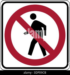 Vector graphic of a red usa No Pedestrians MUTCD highway sign. It consists of the silhouette of a man walking covered by a red circle with a diagonal Stock Vector