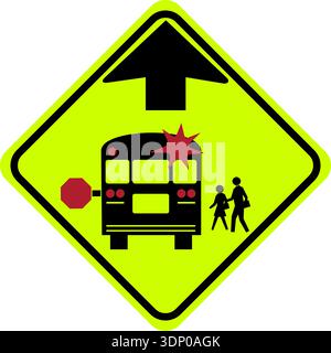 Vector graphic of a USA School Bust stop Ahead mutcd highway sign. It consists of people getting on to a bus and an upward pointing arrow in a green d Stock Vector
