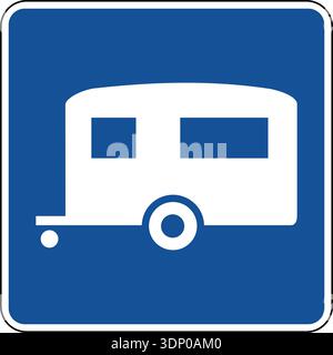 Vector graphic of a blue usa trailer camping mutcd highway sign. It consists of a silhouette of a trailer or caravan contained in a blue square Stock Vector