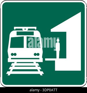 Vector graphic of a green USA Light Rail Station mutcd highway sign. It consists of a silhouette of a light rail train and a person waiting at a platf Stock Vector