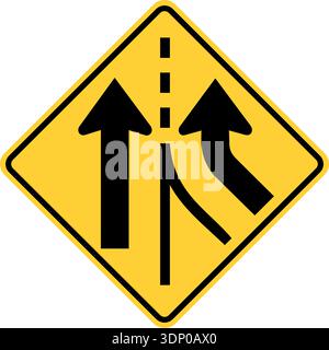 Vector graphic of a usa added lane right highway sign. It consists of two black merging from the right within a black and yellow square tilted to 45 d Stock Vector