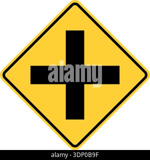 Vector graphic of a usa crossroad highway sign. It consists of two black lines crossing each other at right angles within a black and yellow square ti Stock Vector