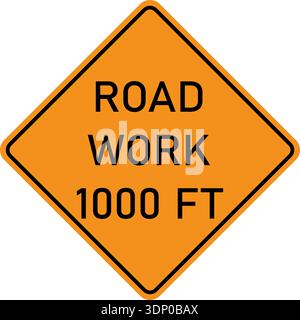 Vector graphic of a usa Road Work Ahead highway sign. It consists of the wording Road Work 1000 ft within a black and orange square tilted to 45 degre Stock Vector