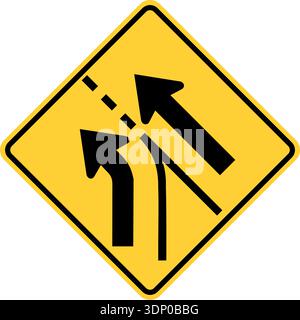 Vector graphic of a usa added left lane on slip road highway sign. It consists of two black arrows merging from the left within a black and yellow squ Stock Vector