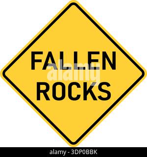 Vector graphic of a usa Fallen Rocks highway sign. It consists of the wording Fallen Rocks within a black and yellow square tilted to 45 degrees Stock Vector