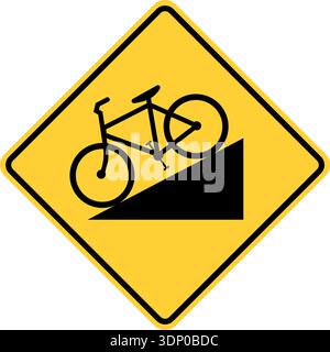 Vector graphic of a usa bike on hill highway sign. It consists of bicycle on a steep gradient within a black and yellow square tilted to 45 degrees Stock Vector