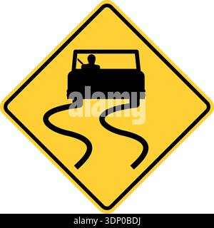 Vector graphic of a usa slippery road ahead highway sign. It consists of black car with skid marks at the rear within a black and yellow square tilted Stock Vector