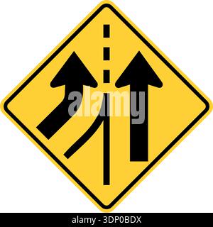 Vector graphic of a usa added lane left highway sign. It consists of two black arrows merging from the left within a black and yellow square tilted to Stock Vector