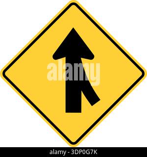 Vector graphic of a usa merge ahead highway sign. It consists of two black arrows merging vertically within a black and yellow square tilted to 45 deg Stock Vector