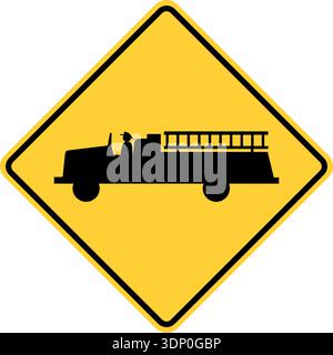 Vector graphic of a usa Emergency Vehicle Exit Ahead highway sign. It consists of the silhouette of a fire truck and ladder within a black and yellow Stock Vector