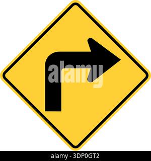 Vector graphic of a usa turn highway sign. It consists of a black arrow with a right angle turn within a black and yellow square tilted to 45 degrees Stock Vector
