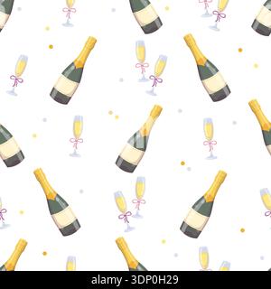 Seamless pattern with champagne bottles and glasses Stock Vector
