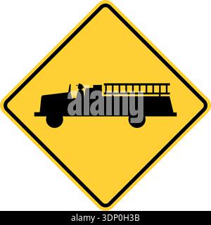 Vector graphic of a usa Emergency Vehicle Exit Ahead highway sign. It consists of the silhouette of a fire truck and ladder within a black and yellow Stock Vector