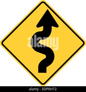 Vector graphic of a usa winding road highway sign. It consists of a black arrow with multiple curves within a black and yellow square tilted to 45 deg Stock Vector