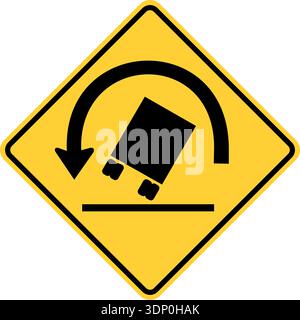 Vector graphic of a usa truck rollover warning highway sign. It consists of a black truck tilted at a dangerous angle below a curved black arrow withi Stock Vector
