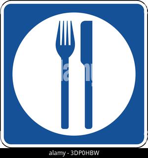 Vector graphic of a blue usa Food mutcd highway sign. It consists of a silhouette of a plate and a knife and fork contained in a blue square Stock Vector