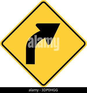 Vector graphic of a usa curve ahead highway sign. It consists of a curved black vertical arrow within a black and yellow square tilted to 45 degrees Stock Vector