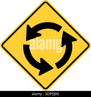 Vector graphic of a usa roundabout highway sign. It consists of a three curved black arrows forming an anti clockwise circle within a black and yellow Stock Vector