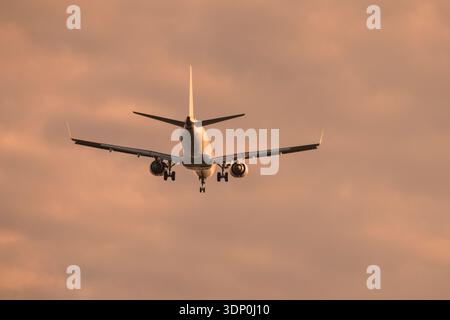 Commercial airplane approaching runway during a warm sunset Stock Photo
