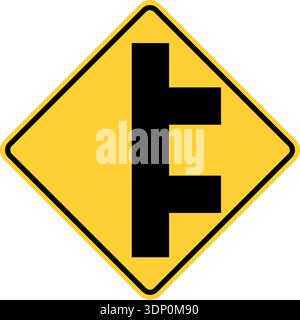 Vector graphic of a usa double side road highway sign. It consists of a vertical black line with two side roads on the same side of the highway within Stock Vector