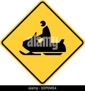 Vector graphic of a usa Snowmobile Ahead highway sign. It consists of the silhouette of a snowmobile within a black and yellow square tilted to 45 deg Stock Vector