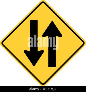 Vector graphic of a usa two way traffic highway sign. It consists of two black arrows indicating the direction of traffic flow within a black and yell Stock Vector