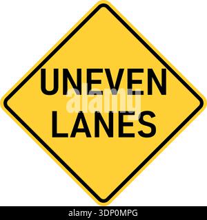 Vector graphic of a usa Uneven Lanes highway sign. It consists of the wording Uneven Lanes within a black and yellow square tilted to 45 degrees Stock Vector