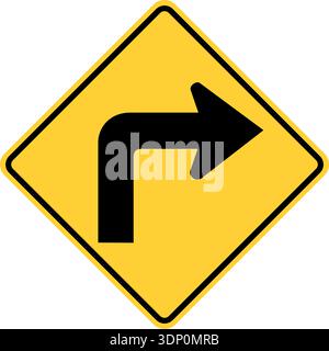 Vector graphic of a usa turn highway sign. It consists of a black arrow with a right angle turn within a black and yellow square tilted to 45 degrees Stock Vector
