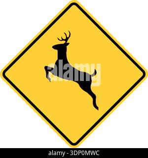 Vector graphic of a usa Deer Ahead highway sign. It consists of the silhouette of a jumping deer within a black and yellow square tilted to 45 degrees Stock Vector