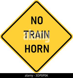 Vector graphic of a usa No Train Horn highway sign. It consists of the wording No Train Horn within a black and yellow square tilted to 45 degrees Stock Vector