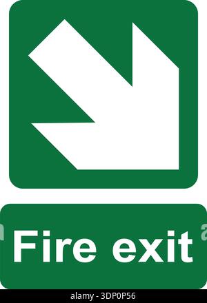 Green and white vector graphic of a fire exit sign. It consists of an arrow pointing down and right in the direction of escape and a label with the te Stock Vector