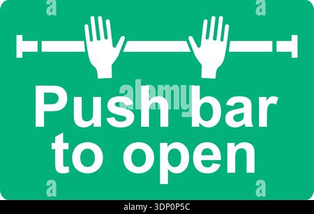 Green and white vector graphic of a Push bar to open sign. Showing how to open a fire door Stock Vector