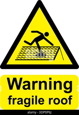 Black and yellow vector graphic of Warning fragile roof warning sign. It consists of a symbol in a triangle above warning text. Stock Vector