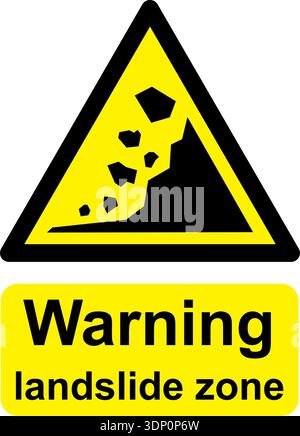 Black and yellow vector graphic of Warning landslide zone warning sign. It consists of a symbol in a triangle above warning text. Stock Vector