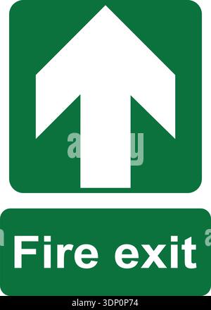 Green and white vector graphic of a fire exit sign. It consists of an arrow pointing up in the direction of escape and a label with the text Fire Exit Stock Vector