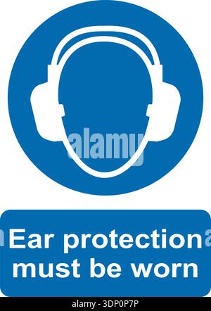 Blue and white circular vector graphic of Ear protection must be worn, mandatory warning sign Stock Vector
