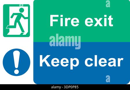 Green and white vector graphic of a fire exit sign above a blue keep clear sign.it shows a person in a firedoor and the text Fire Exit and Keep clear Stock Vector